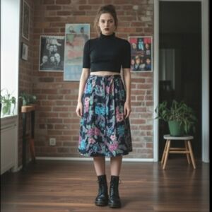 Vintage 90's Floral Button Down Front Midi Skirt High Waisted Whimsigoth SZ XL